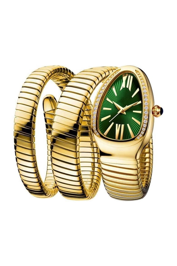 Women's Gold Snake Bracelet Watch with Diamond Dial & Three-Row Quartz Links