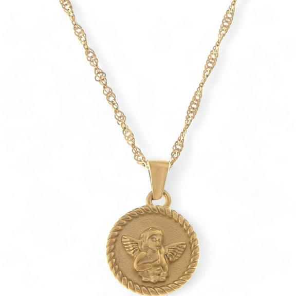Women's Gold Tone Angel Medallion Pendant Necklace with Twisted Rope Chain- Gold