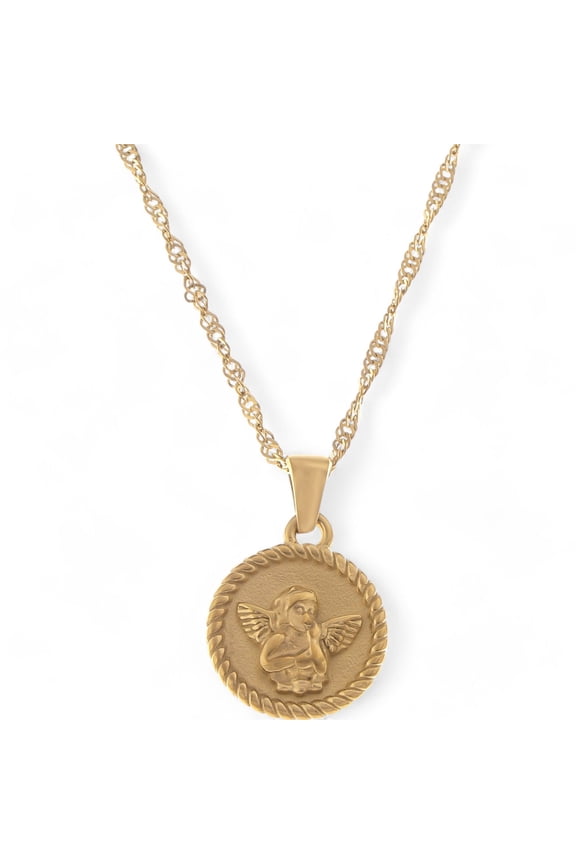 Women's Gold Tone Angel Medallion Pendant Necklace with Twisted Rope Chain- Gold