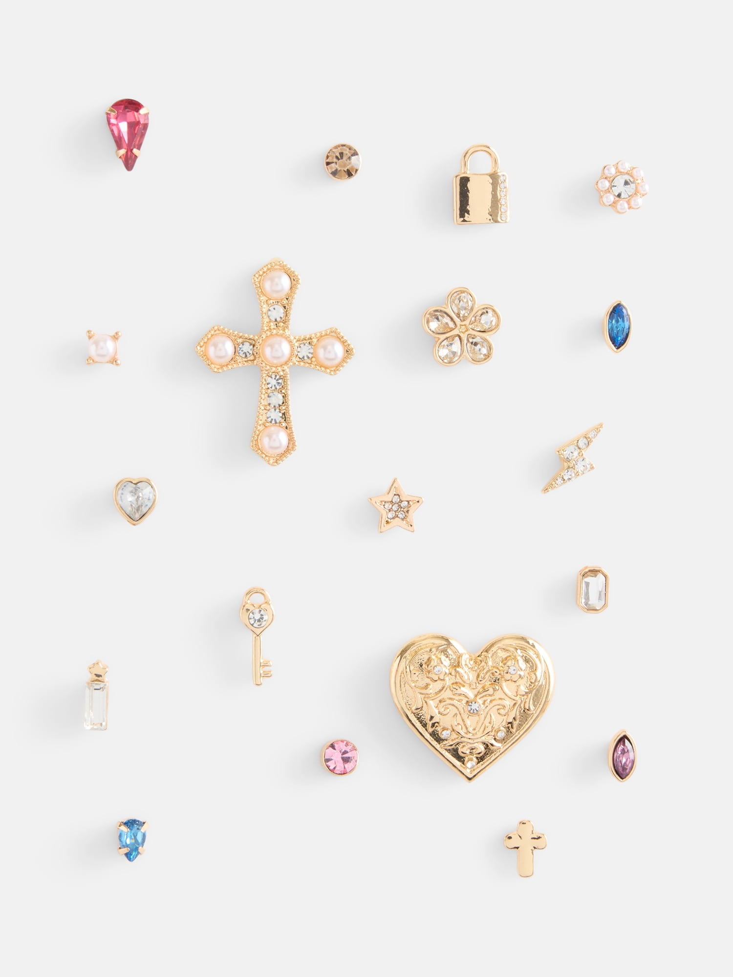 No Boundaries Women’s Gold Tone Pins Set with Heart and Cross, 19 Pieces