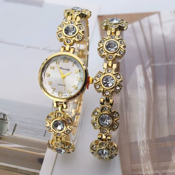 Women's Gold Tone Round Quartz Watch Set, Vintage Floral Crystal Inlaid Bracelet Watch with Matching Bracelet, Elegant Analog Dress Wrist Watch for Daily & Party Wear