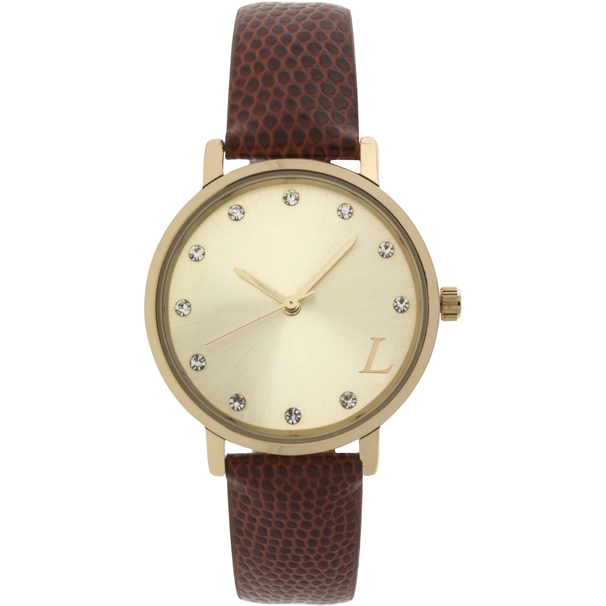 Women's GoldToned "L" Watch, Brown Strap