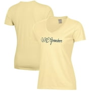 Women's  Gold UNCG Spartans Script Logo Comfort Wash V-Neck T-Shirt