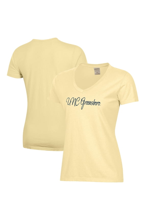 Women's Gold UNCG Spartans Script Logo Comfort Wash V-Neck T-Shirt