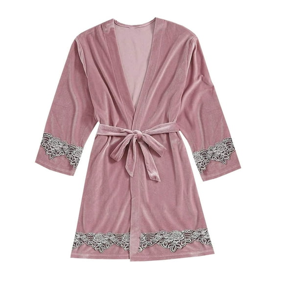 Women's Gold Velvet Long Sleeve Robes Soft Lace Trim Bathrobe Lightweight Sleepwear Ladies Nightgown with Belt