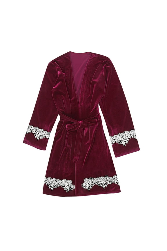 Women's Gold Velvet Long Sleeve Robes Soft Lace Trim Bathrobe Lightweight Sleepwear Ladies Nightgown with Belt
