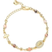 Women's Gold Virgin Mary Bracelet - 17K Gold Plated Religious Cross Bracelet,Dainty Golden Non Tarnish Virgen De Guadalupe Natural Stone Beaded Jewelry,Catholic