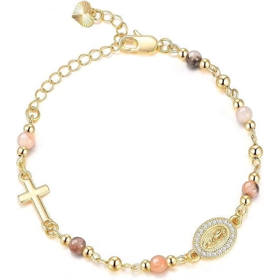 Women's Gold Virgin Mary Bracelet - 17K Gold Plated Religious Cross Bracelet,Dainty Golden Non Tarnish Virgen De Guadalupe Natural Stone Beaded Jewelry,Catholic Faith Baptism Confirmation Gift