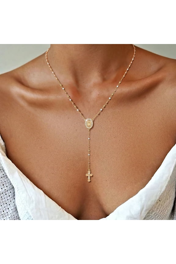 Women's Gold Virgin Mary Necklace - 14k Gold Plated Rosary Bead Cross Lariat Necklaces,Hypoallergenic Non Tarnish Gold Catholic Y Chain Necklace,Religious Rosary Crucifix Long Necklaces Jewelry Gift