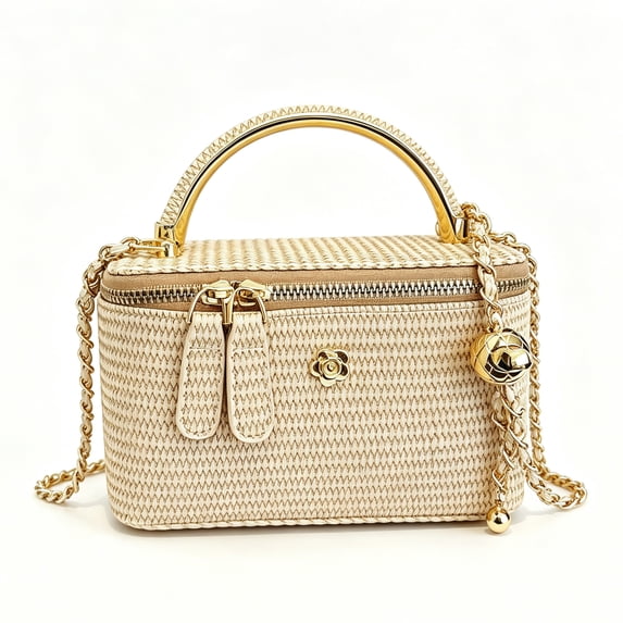 Women's Gold Woven Mini Top Handle Crossbody Bag with Chain Strap