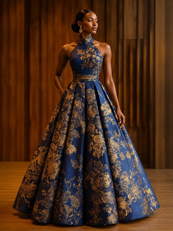 Women's Gold and Navy Floral Print and Pleated Maxi Length Evening Gown with High Neck for Wedding Guest, Prom and Evening Party
