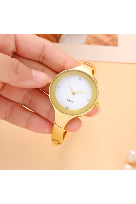 Women’s Golden  Bangle Watch with White Dial Minimal Quartz Bangle Watch