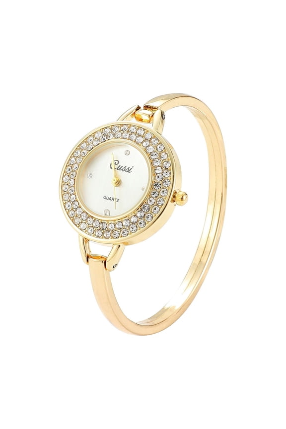 Women’s Golden Bangle Watch with White Round Dial Crystal Accent Quartz Bracelet Watch