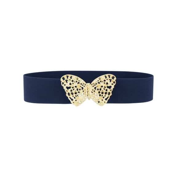 Women's Golden Butterfly Stretchy Belts, Vintage Elegant Elastic Waistband for Dress Coat 65x5cm/25.6x2.0" Navy Blue