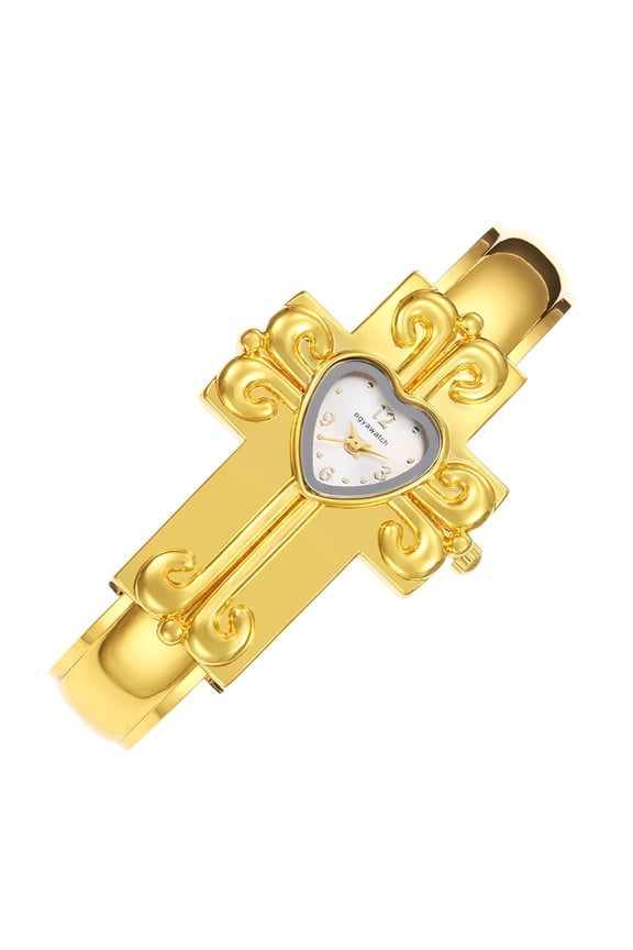 Women’s Golden Cross Bangle Watch with White Heart Dial Elegant Quartz Bracelet Watch