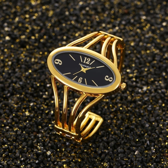 Women’s Golden Open Bangle Watch with Black Dial Quartz Fashion Bracelet Watch