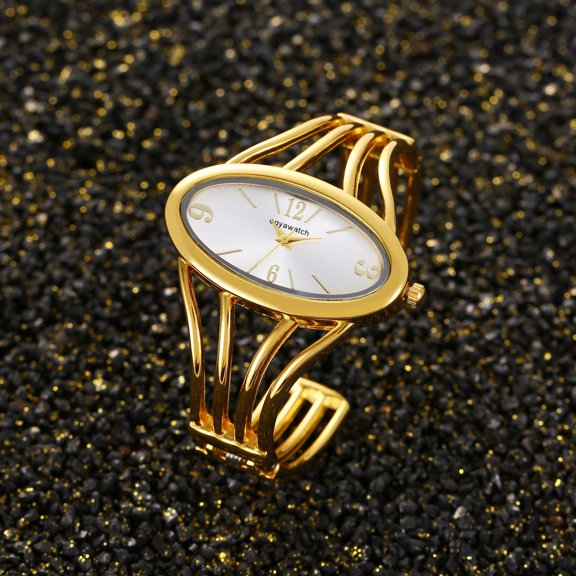 Women’s Golden Open Bangle Watch with White Dial Minimalist Quartz Wrist Watch