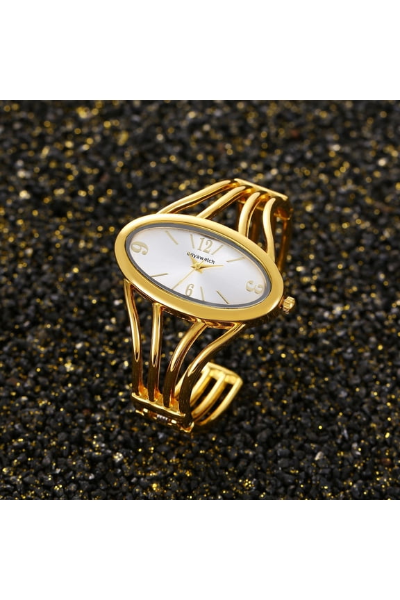 Women’s Golden Open Bangle Watch with White Dial Minimalist Quartz Wrist Watch