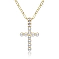 thumbnail image 1 of Women's Golden Tone Faux Pearls Sparkly Crystal Rhinestones Holy Cross Pendant Necklace, 1 of 6