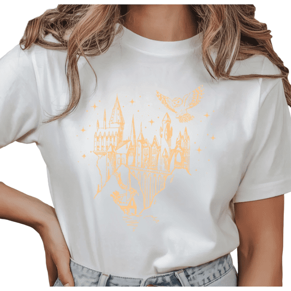 Women's Golden Wizard Castle Owl Star Graphic T Shirt Fantasy Magic Castle Print Boho Casual Short Sleeve Round Neck Top White S-5XL