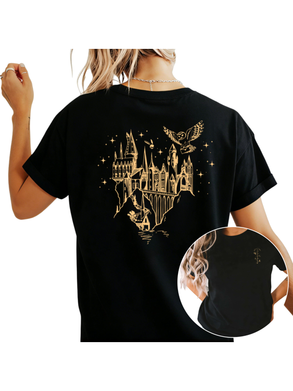 Women's Golden Wizard Castle Owl Wand Graphic T Shirt Fantasy Magic Castle Print Boho Casual Short Sleeve Round Neck Top Black S-5XL