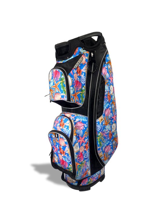 Women’s Golf Cart Bag – Taboo Fashions Resort Collection Lightweight 14-Way Ladies Bag with Cooler, Rain Hood, 7 Zippered Pockets, Tee Holder & More (Blue Shellbound)