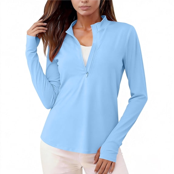 Women's Golf Polo Blouses Long Sleeve Shirts Zipper V Neck UPF 50+ Sun Protection Quick Dry Lightweight Active Tennis Shirts Workout Riding Tops