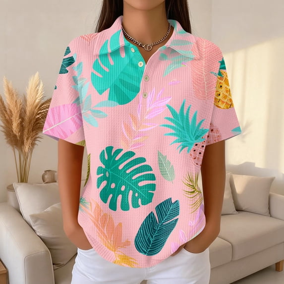 Women's Golf Polo Shirts Collared V Neck Short Sleeve Plus Size Casual Henley Waffle Knit Button-Up Top