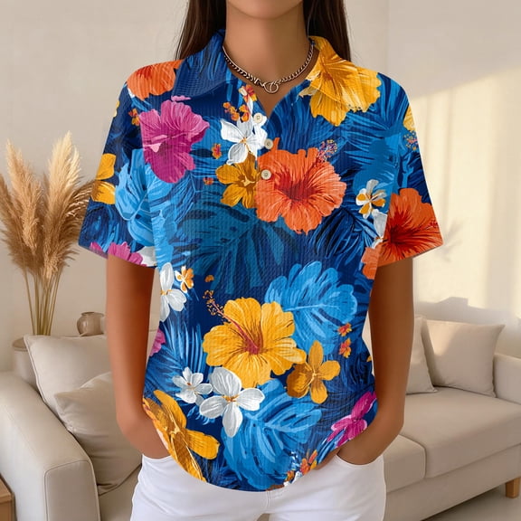 Women's Golf Polo Shirts Collared V Neck Short Sleeve Plus Size Casual Henley Waffle Knit Button-Up Top