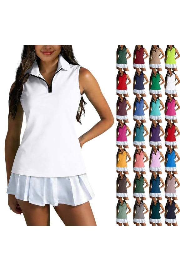 Women's Golf Shirt Sleeveless 1/4 Zip Polo UPF 50+ Collared Tennis Tank Tops Quick Dry Athletic T Shirt White S