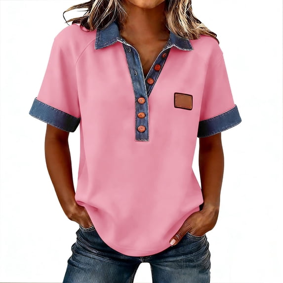 Women's Golf Shirts Short Sleeved Button Down Collared Patchwork T Shirt Casual Loose Athletic Workout Summer Lightweight Tees Tops