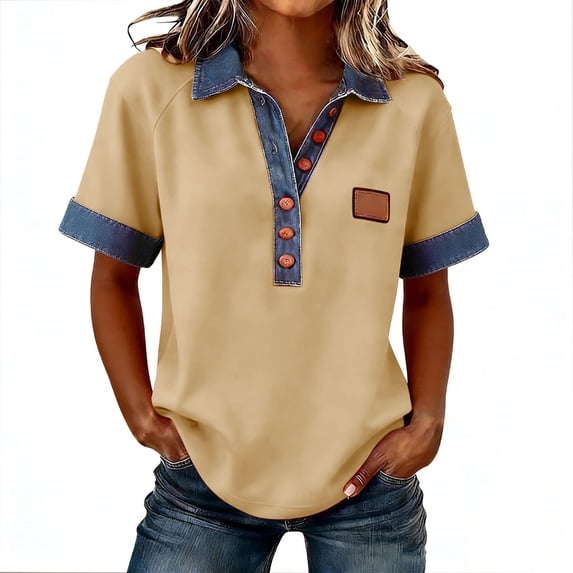 Women's Golf Shirts Short Sleeved Button Down Collared Patchwork T Shirt Casual Loose Athletic Workout Summer Lightweight Tees Tops
