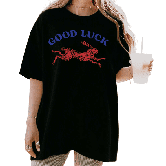 Women's Good Luck Retro Running Rabbit Graphic T Shirt Comfortable Short Sleeve Round Neck Top Black S-5XL