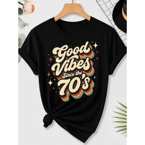 Women's Good Vibes Since the 70's Graphic T-Shirt Retro Vintage Casual Tee