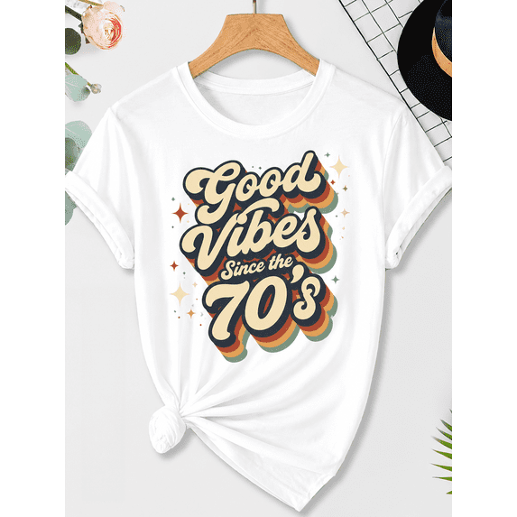 Women's Good Vibes Since the 70's Graphic T-Shirt Retro Vintage Casual Tee