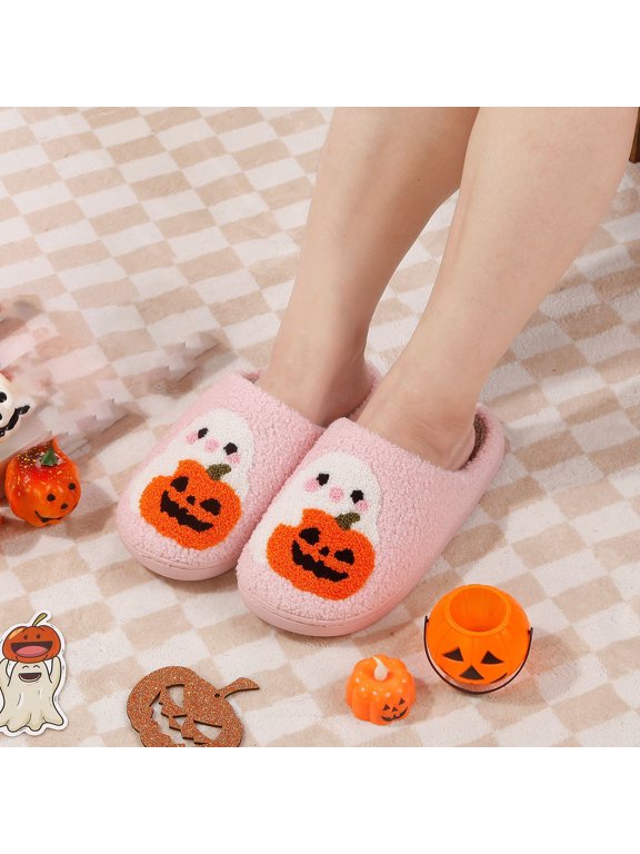 Halloween Slippers for Women, Closed Toe Fleece House Shoes with Embroidered Ghost Pumpkin, Pink Boucle Flat Non-Slip Bedroom Mule Slippers for Gifts