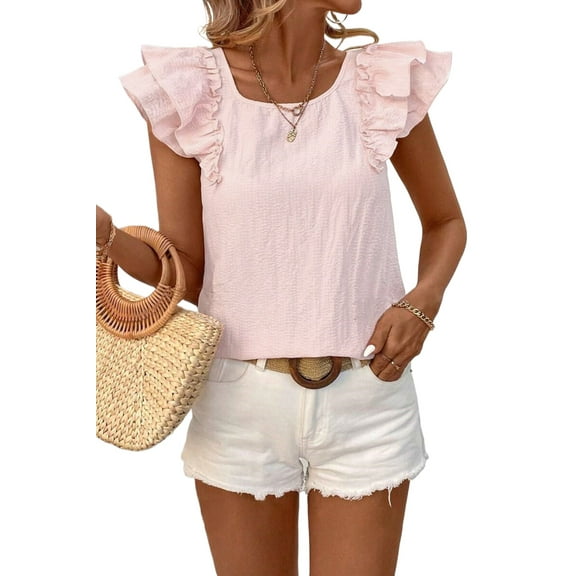 Women's Gossamer Pink Textured Blouse with Bow Knot and Frilled Butterfly Sleeves | [ZhiHiMeRi] | (US 12-14)L