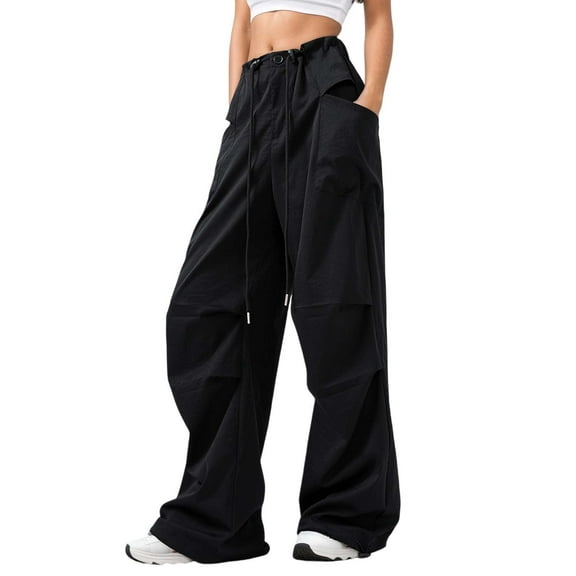 Women's Goth Cargo Pants Wide Leg Baggy Casual Hiking Trousers High Waist Loose Fit Y2K Parachute Pants with Pocket