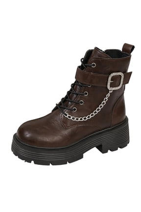 Women's Goth Chain Platform Combat Booties, Chunky Block Stacked Heel Biker Motorcycle Boots with Lace Up, Zipper and Buckle, Punk Rock Aesthetic Footwear