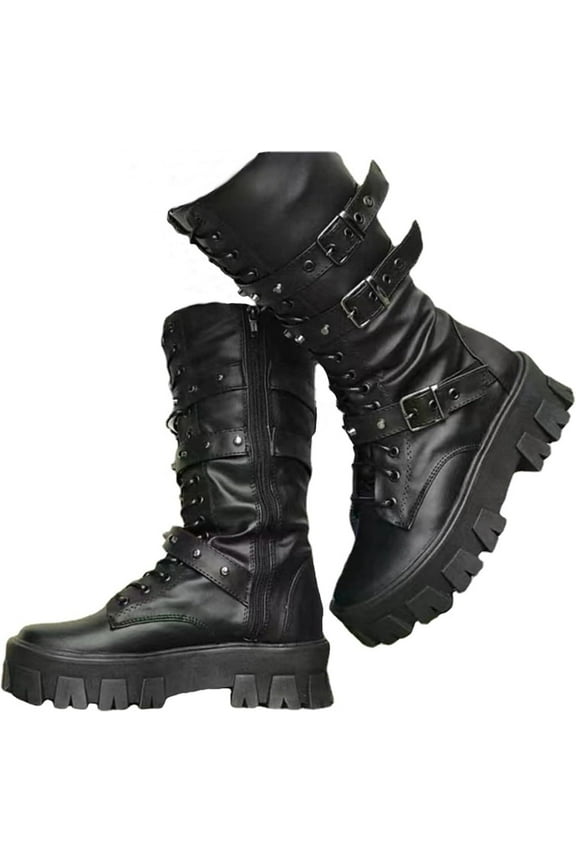Women's Goth PU Leather Ankle Booties Chunky High Heel Mid Calf Boots Side Zip Combat Lace Up Punk Rivet Motorcycle Platform Boots