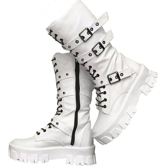 Women's Goth PU Leather Ankle Booties Chunky High Heel Mid Calf Boots Side Zip Combat Lace Up Punk Rivet Motorcycle Platform Boots