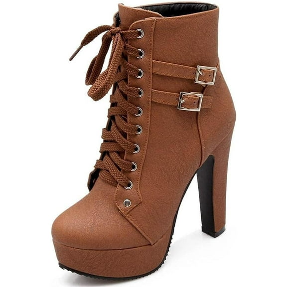 Women's Goth PU Leather Block High Heel Ankle Boots Fashion Ankle Strap Trim Punk Boots Round Toe Buckle Knight Booties