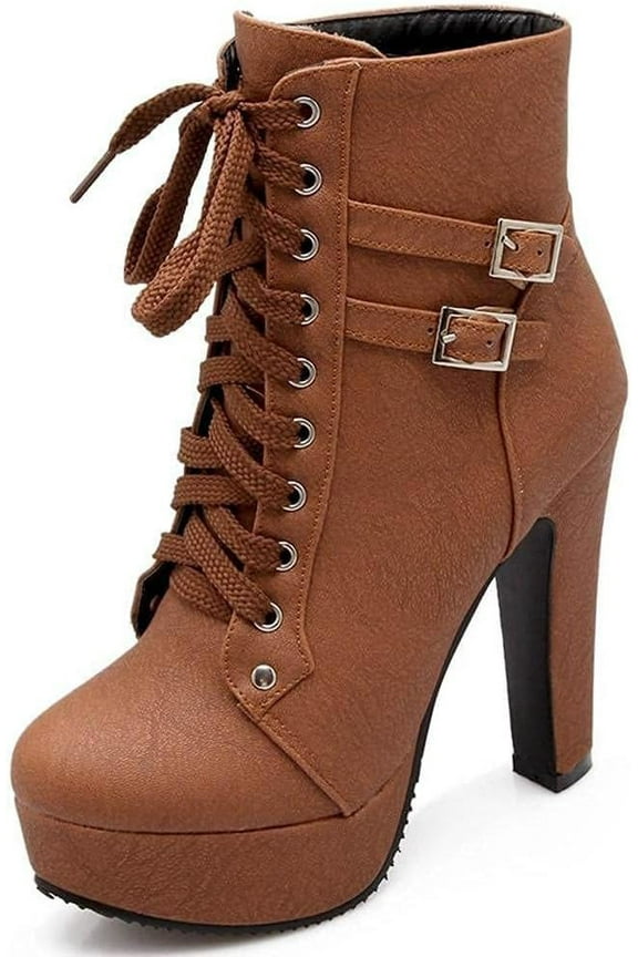 Women's Goth PU Leather Block High Heel Ankle Boots Fashion Ankle Strap Trim Punk Boots Round Toe Buckle Knight Booties