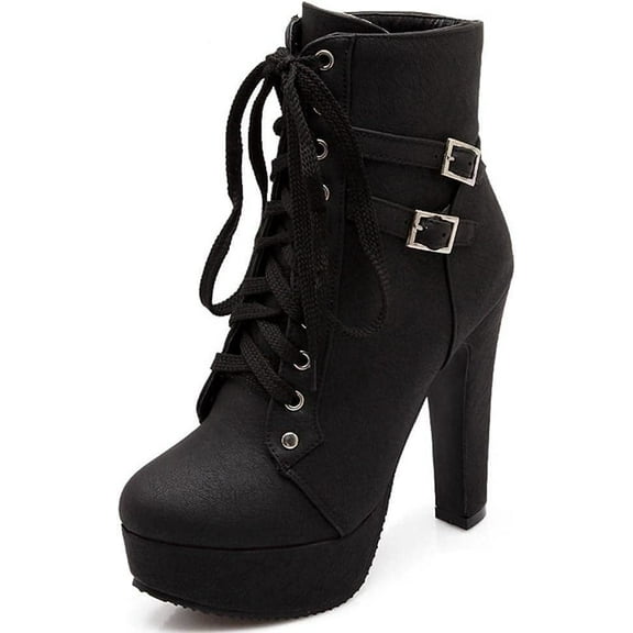 Women's Goth PU Leather Block High Heel Ankle Boots Fashion Ankle Strap Trim Punk Boots Round Toe Buckle Knight Booties