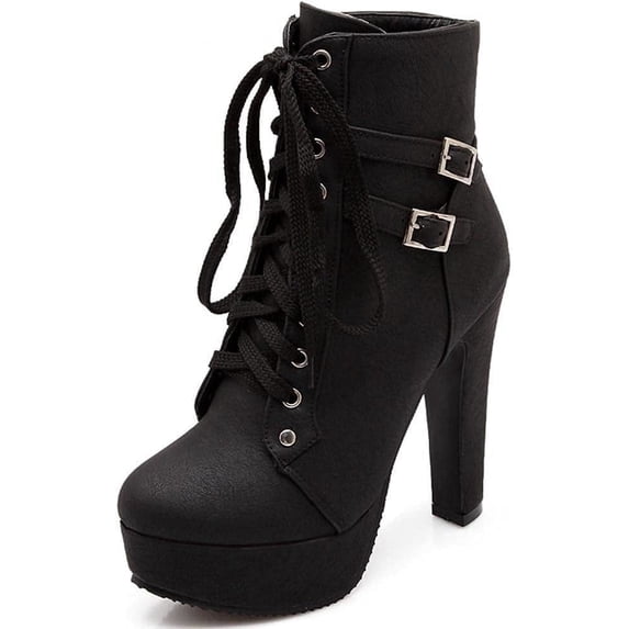 Women's Goth PU Leather Block High Heel Ankle Boots Fashion Ankle Strap Trim Punk Boots Round Toe Buckle Knight Booties