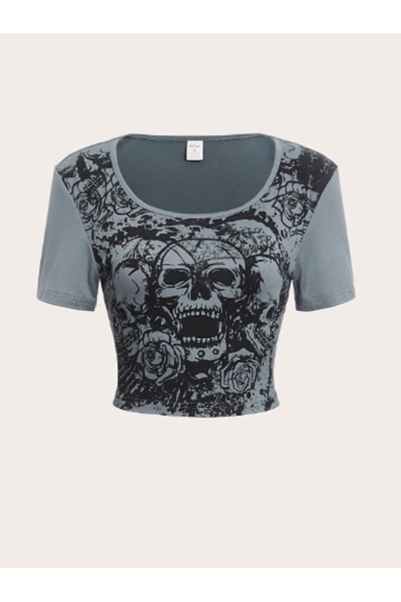 Women's Goth Skull Graphic Crop Top Short Sleeve Crew Neck Slim Fit Punk Rock Summer Baby Tee