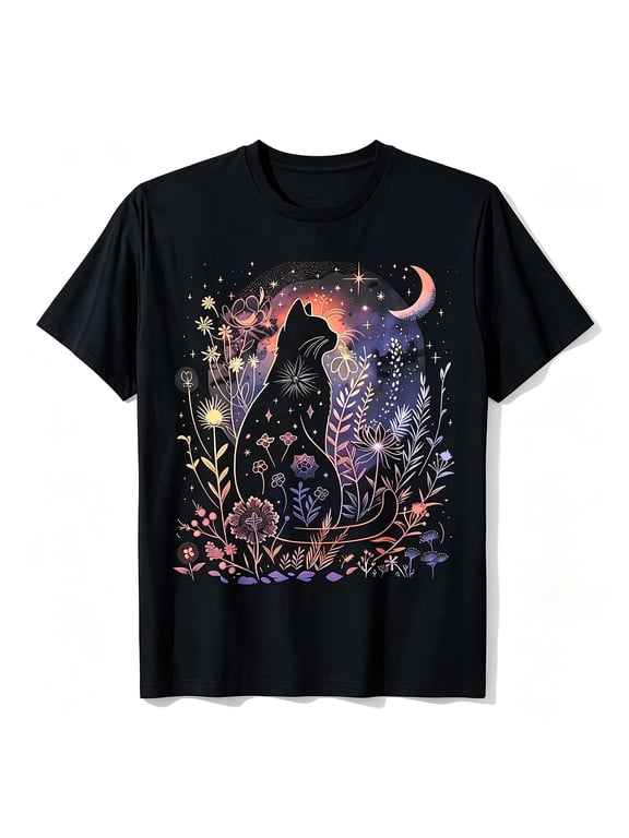 Women's Gothic Black Cat Moon T-Shirt, Short-Sleeved, Round Neck, Casual Style, Perfect For Halloween Costumes, Available In All Sizes (L-5XL).