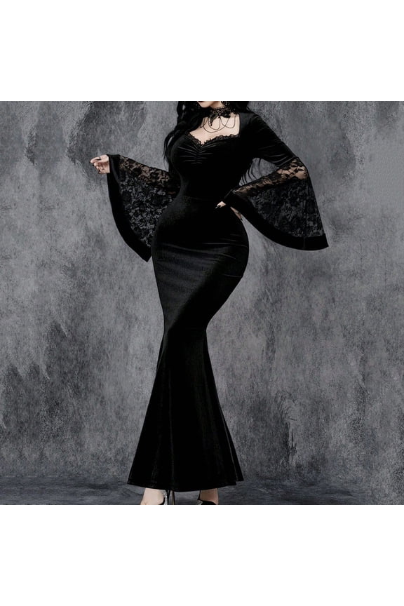 Women's Gothic Black Solid Color Lace Splicing Long Sleeves Dress