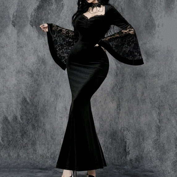 Women's Gothic Black Solid Color Lace Splicing Long Sleeves Dress