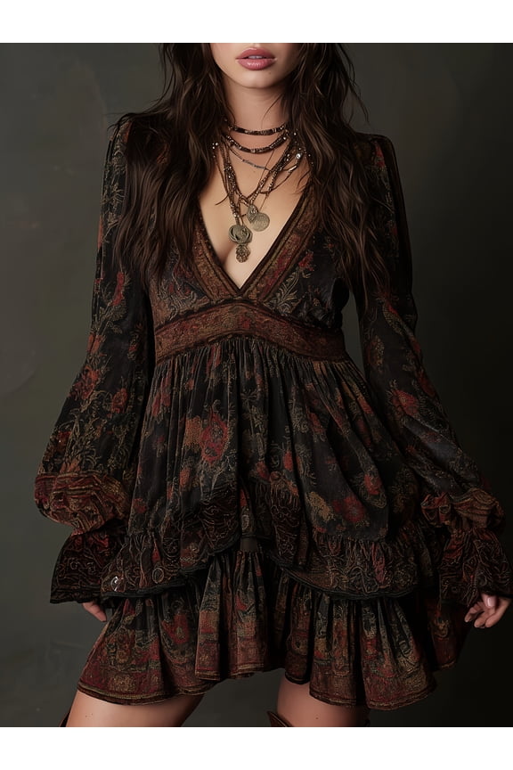 Women's Gothic Boho Tiered Mini Dress - Black Floral Velvet Burnout Dress with Bell Sleeves for Festival & Concert Dresses